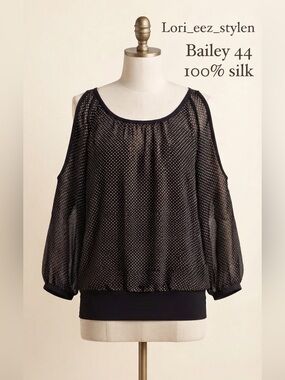 Bailey 44 Black Silk Polka-Dot Cold-Shoulder Blouse